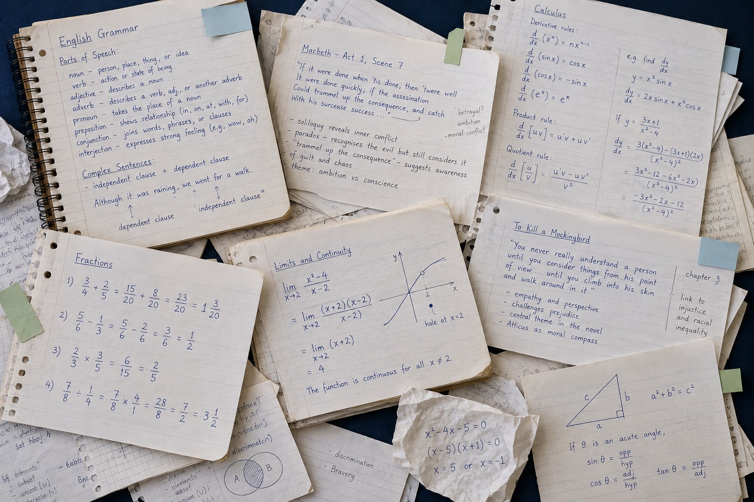 Scattered handwritten English and maths notes